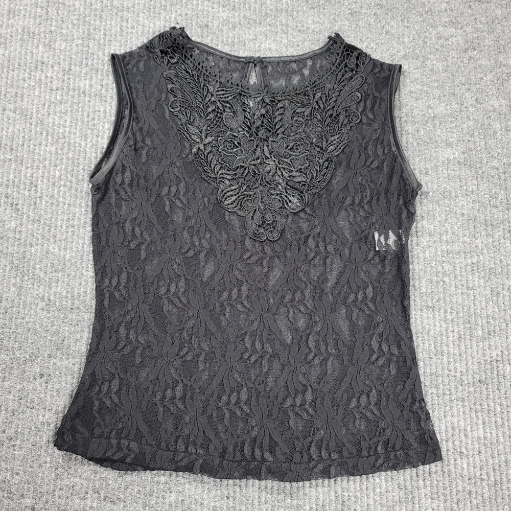 VTG Cinema Etoile Black Lace Sheer Applique Top Sleeveless Women's S Whimsigoth
